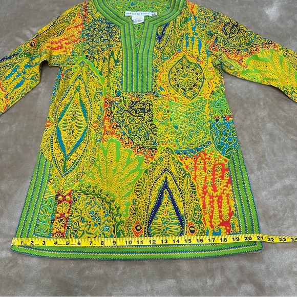 Gretchen Scott Top Tunic Green Geometric V-Neck Pullover Artsy Colorful Small - Picture 7 of 8
